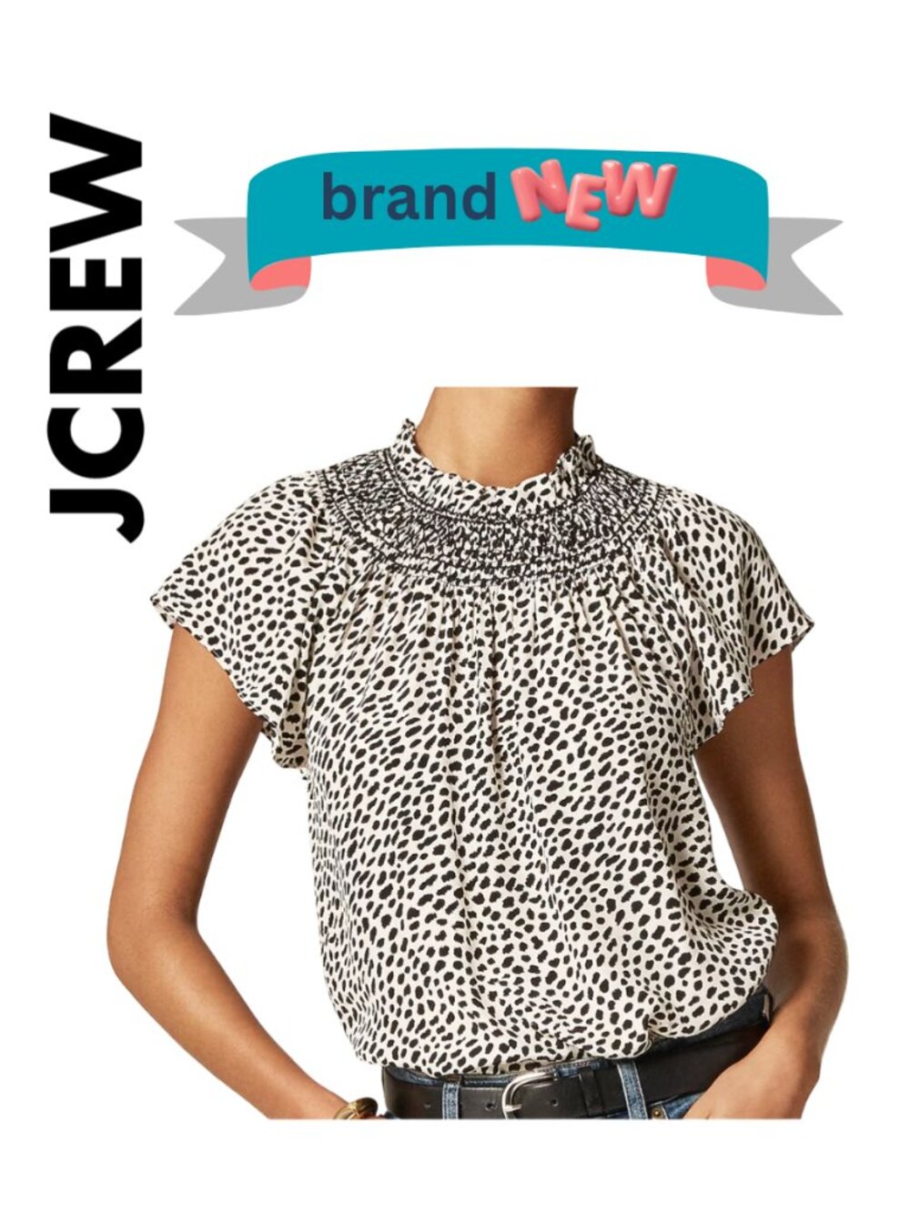 J.Crew Smocked high-neck top in spot-print crepe de chine Size Large New w/Tags